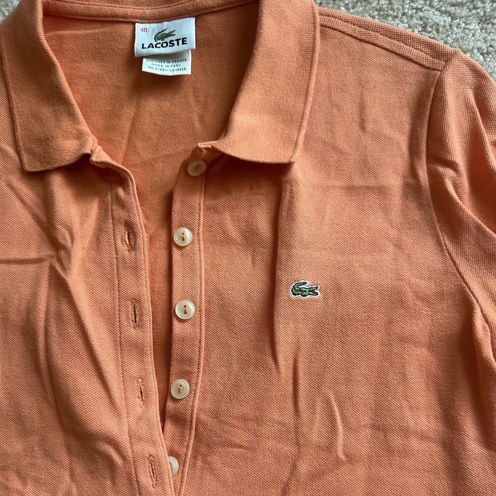 Lacoste Women’s Cut Coral-Orange Polo with Signature Crocodile Summery Beach - Picture 4 of 5